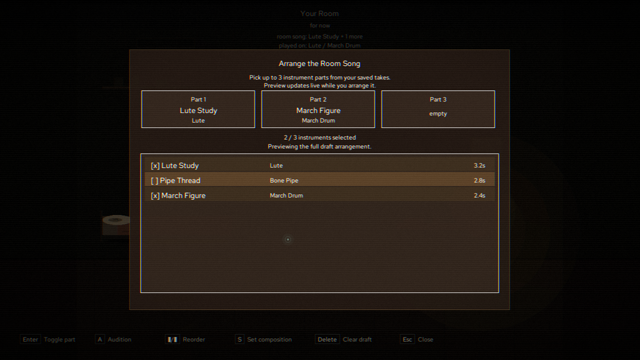 The room song arrangement panel showing a lute and march drum composition